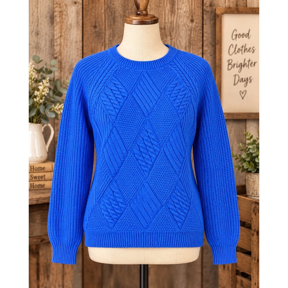 Talbots Blue Cable Knit Sweater Womens XL Cotton Blend Crew Neck Raglan Cobalt